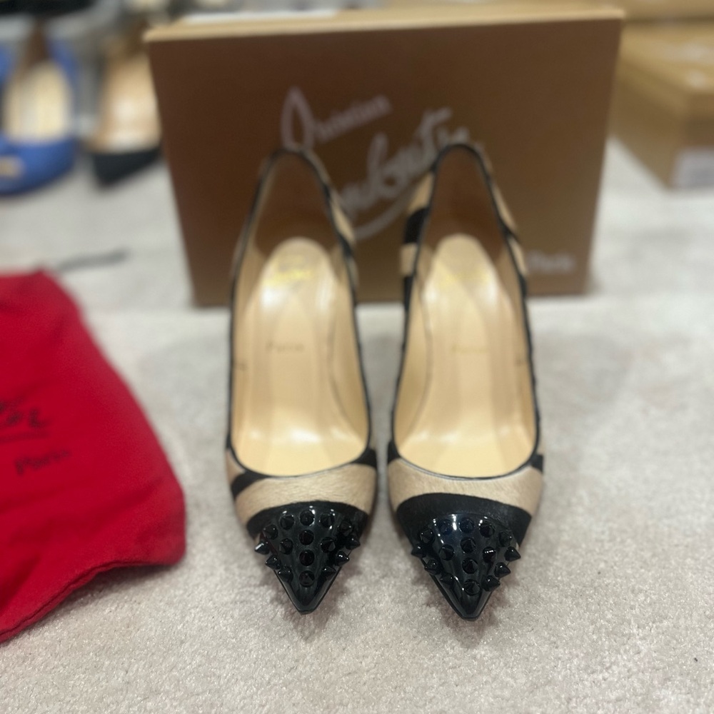 Christian Louboutin Kate 85 Zebra Pony Hair Spiked Cap Toe Pumps